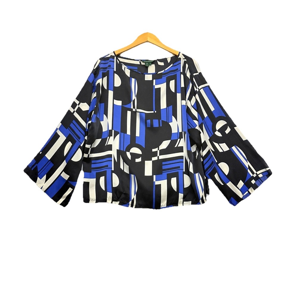 LAUREN‎ RALPH LAUREN Blouse Size 1X 100% Silk Geometric Print Top Long Sleeves